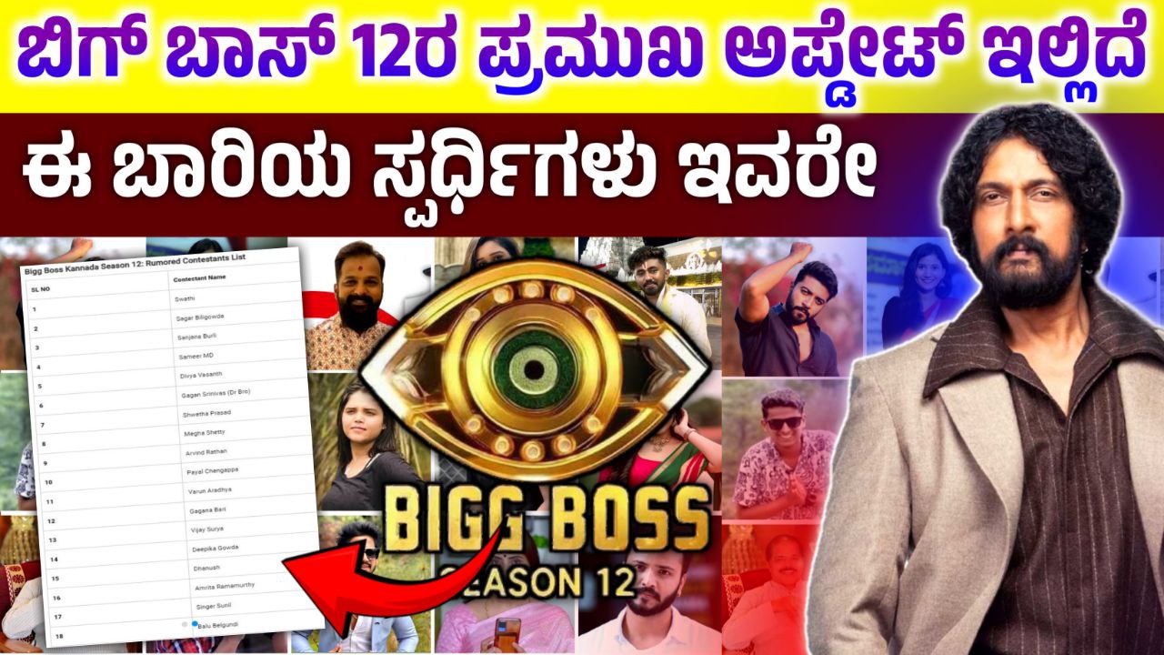Bigg Boss 12 Contestants List, ಬಿಗ್ ಬಾಸ್‌ ಕನ್ನಡ ಸೀಸನ್ 12 ಶುರು, Bigg Boss 12ರ ಸ್ಪರ್ಧಿಗಳು ಇವರೇ, BBK12, Kiccha Sudeep, Bigg Boss Kannada 12 Contestants List leaked, ಬಿಗ್ ಬಾಸ್‌ ಕನ್ನಡ 12ರ ಸ್ಪರ್ಧಿಗಳ ಲಿಸ್ಟ್ ಲೀಕ್, ಯಾರೆಲ್ಲ ಈ ಬಾರಿ ಬಿಗ್ ಬಾಸ್‌ ಮನೆಗೆ ಬರಲಿದ್ದಾರೆ, BBK12, Bigg Boss Kannada, bbk, Kiccha Sudeep, news Update, entertainment, kiccha boss, Bigg boss today update, Bigg boss 12 today update, my edu update kannada